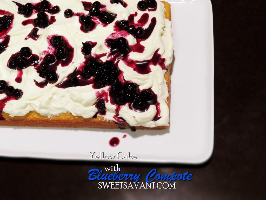 Yellow Cake with Cream Cheese Frosting and Blueberry red white and blue cake yellow cake with blueberry compote sweetsavant.com America's best food blog