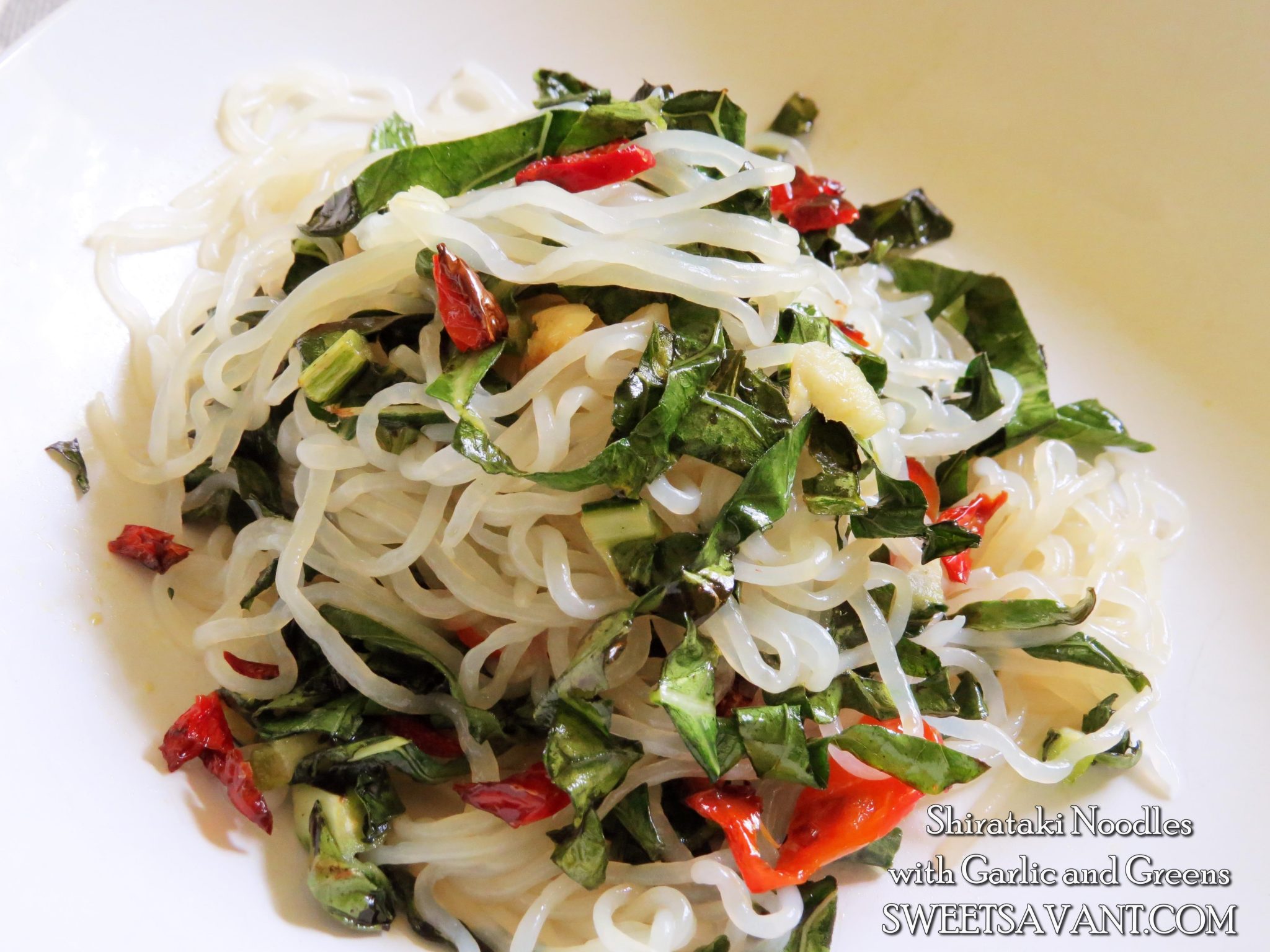 This Garlic and Greens Shirataki Noodle Recipe just happens to be LOW  CALORIE and Gluten Free! - Sweet Savant