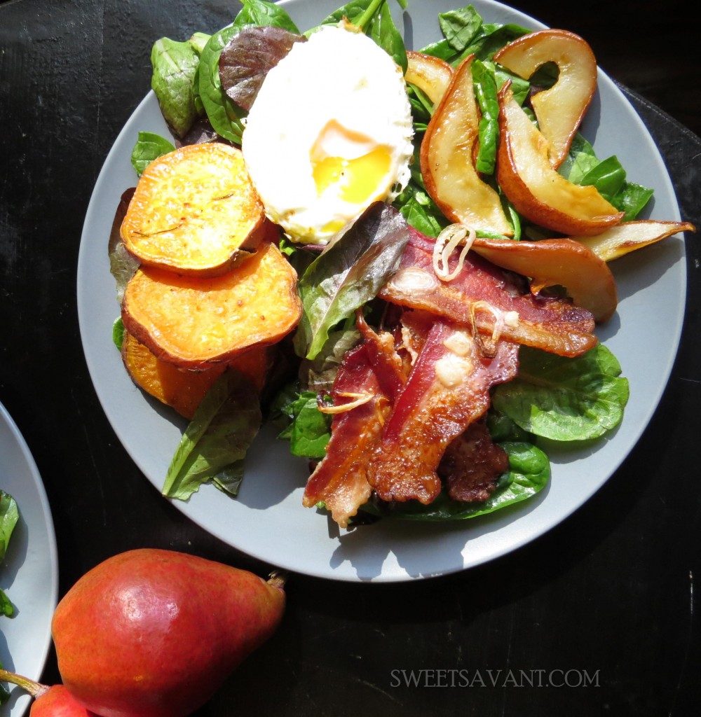 Fall bacon salad with roasted sweet potatoes and caramelized pears sweetsavant.com America's best food blog Atlanta Food Blogger things to cook when you don't feel like cooking
