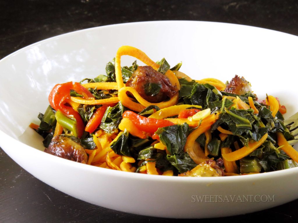 How to make sweet potato noodles collard greens and chicken sausage
