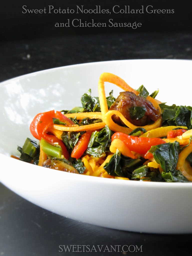 How to make sweet potato noodles collard greens and chicken sausage