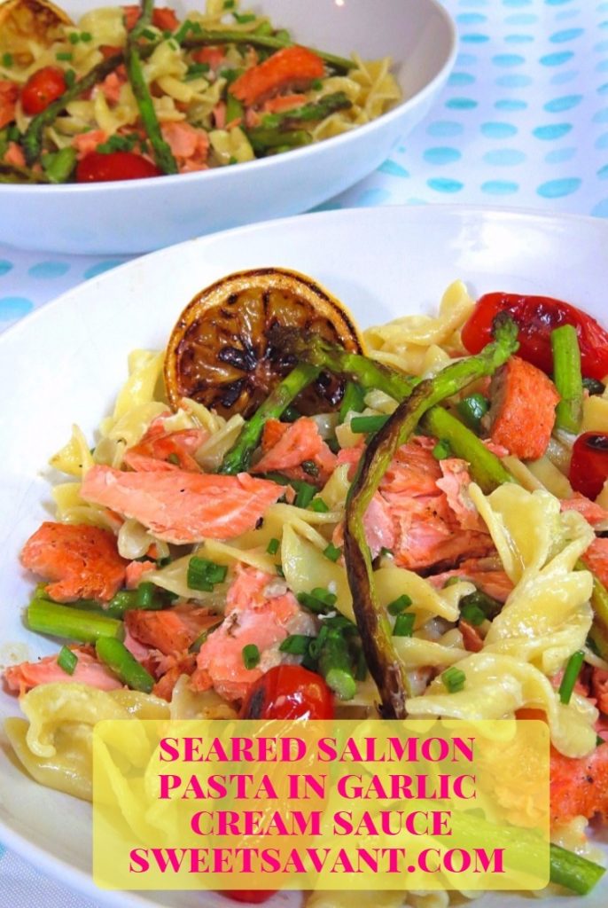 seared salmon pasta with asparagus in garlic cream sauce Sweet Savant America's best food blog Atlanta food blogger