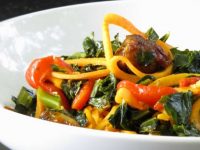sweet potato noodles, collard greens and chicken sausage sweetsavant.com America's best food blog
